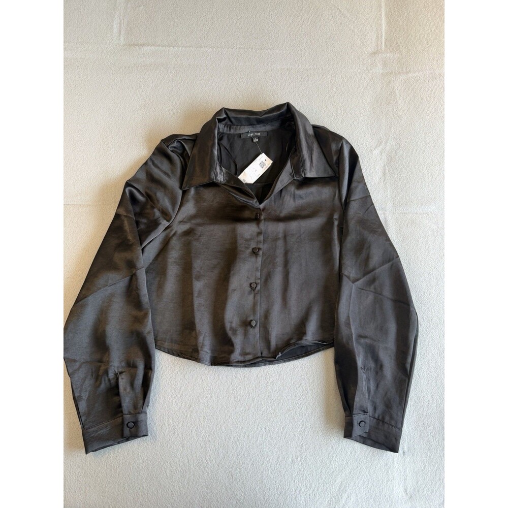 Love Tree Black Collared Button-Up Long Sleeve Cropped Blouse Women's L